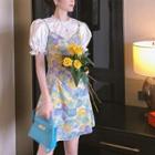 Set: Puff-sleeve Top + Floral Print Mini A-line Pinafore Dress