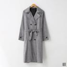 Double-breasted Plaid Long Trench Coat With Sash Black - One Size