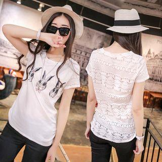 Rabbit Print Lace Panel Short-sleeve T-shirt