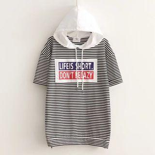 Short-sleeve Striped Hooded T-shirt