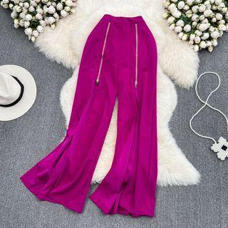 High Waist Zip Detail Slit Wide Leg Pants
