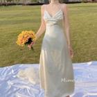 Lace Trim Spaghetti Strap V-line A-line Dress Champagne - L