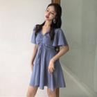 Drawstring Short-sleeve A-line Dress Ash Blue - One Size