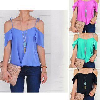 Plain Off Shoulder Short Sleeve Chiffon Blouse