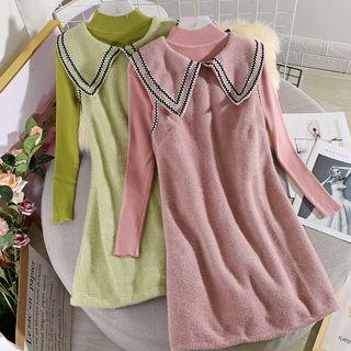 Set: Ribbed Long-sleeve Knit Top + Collared Sleeveless Dress