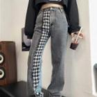 Houndstooth Paneled Baggy Jeans