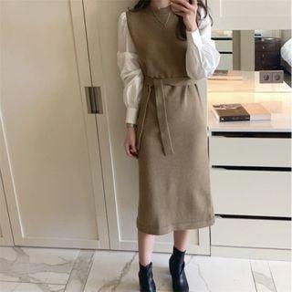 Puff Sleeve Mock Two Piece Knit Dress