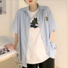 Set: Loose-fit Short-sleeve Bear-embroidered T-shirt + Short-sleeve Bear-embroidered Striped Shirt