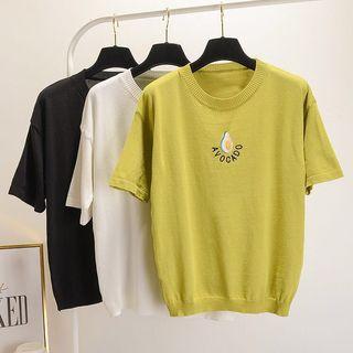 Short-sleeve Embroidered Avocado Knit Top