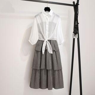 Set: Tie-hem Shirt + Gingham Spaghetti-strap Tiered Dress