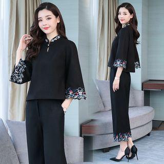 Set: 3/4-sleeve Embroidered Top + Embroidered Straight-cut Pants