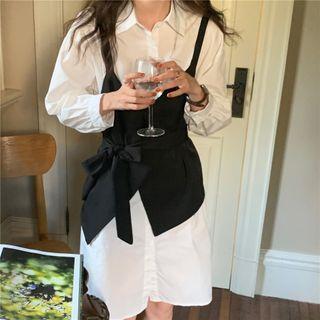 Asymmetrical Hem Vest / Long-sleeve Plain Shirtdress