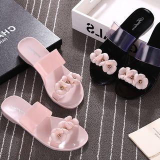 Low Heel Flower Accent Slide Sandals