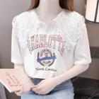 Elbow-sleeve Lace Collar Lettering T-shirt