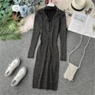 Keyhole Lace-up Long-sleeve Knit Dress Black - One Size