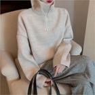 High-neck Zip-up Front Knit Top Beige - One Size