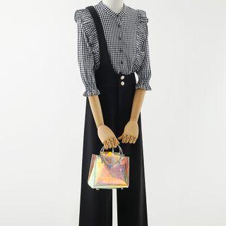 Puff-sleeve Gingham Ruffled Blouse / Asymmetrical Jumper Pants