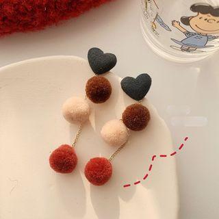 Pom Pom Drop Earring 1 Pair - Black & Brown & White - One Size
