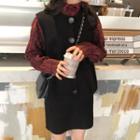 Plaid Blouse / Crew-neck Knit Vest / Knit Skirt / Set