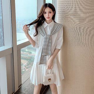 Elbow-sleeve Plain Pleated Shirt Dress