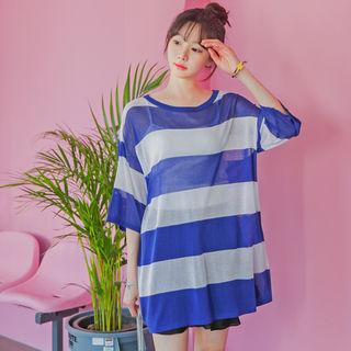 Elbow-sleeve Oversized Stripe Knit Top