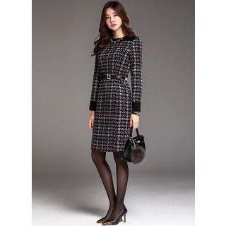 Contrast-cuff Midi Tweed Dress With Belt