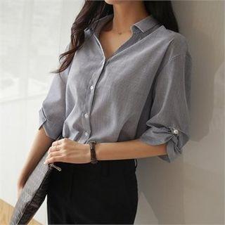 Faux-pearl Trim Stripe Shirt
