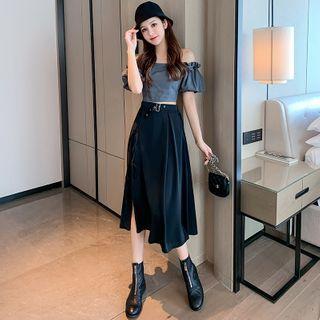 Set: Off-shoulder Crop Top + Midi A-line Skirt
