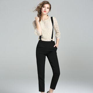 Set : Long-sleeve Lace Top + Suspender Pants