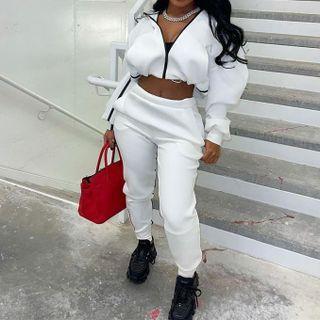 Set: Contrast Oversized Zipped Cropped Hoodie + Plain High-waist Sweat Pants