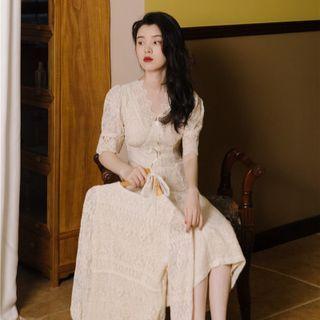 Elbow-sleeve V-neck Lace Midi A-line Dress