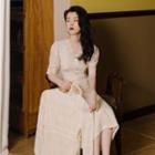 Elbow-sleeve V-neck Lace Midi A-line Dress