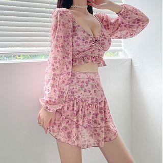 Set: Long-sleeve Floral Tankini Top + Swim Skirt