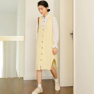 Long-sleeve Button-front Midi Cable-knit Dress