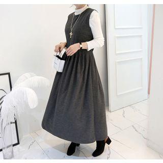 Set: Sleeveless Long Flare Dress + Mock-neck Top