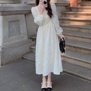 Puff-sleeve Square-neck Ruched Dress White - One Size