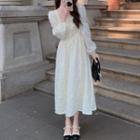 Puff-sleeve Square-neck Ruched Dress White - One Size