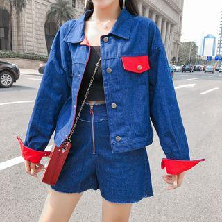 Set: Contrast Panel Buttoned Denim Jacket + Wide-leg Shorts