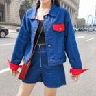 Set: Contrast Panel Buttoned Denim Jacket + Wide-leg Shorts
