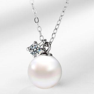 Faux Pearl Rhinestone Pendant Sterling Silver Choker Set - 925 Silver - Chain - Silver & White - One Size