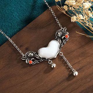 Flying Heart Faux Gemstone Pendant Alloy Necklace Cp556 - Silver - One Size