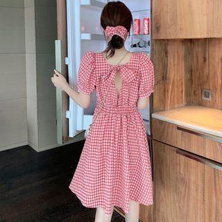 Puff-sleeve Plaid Cutout-back A-line Dress