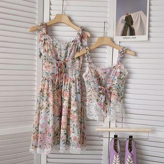 Floral Camisole Top / Spaghetti Strap Floral Midi A-line Dress