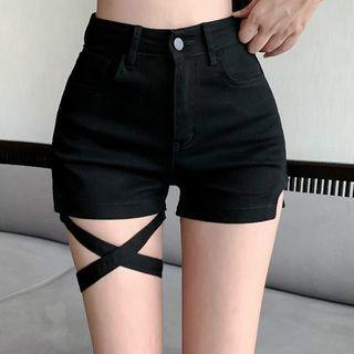 Crisscross High-waist Denim Shorts