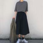 Elbow-sleeve Striped T-shirt / A-line Midi Skirt