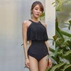 Ruffle-trim Open-back Halter Swimsuit