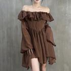 Long-sleeve Off-shoulder Ruffle Trim Asymmetrical Hem Mini A-line Dress
