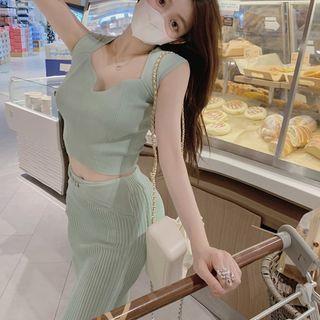 Set: Sleeveless Knit Top + Midi Skirt Bluish Green - One Size