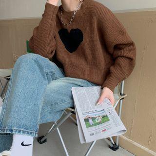Heart Print Sweater Coffee - One Size