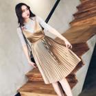 Set: Elbow-sleeve Knit Top + Strappy Pleated A-line Dress